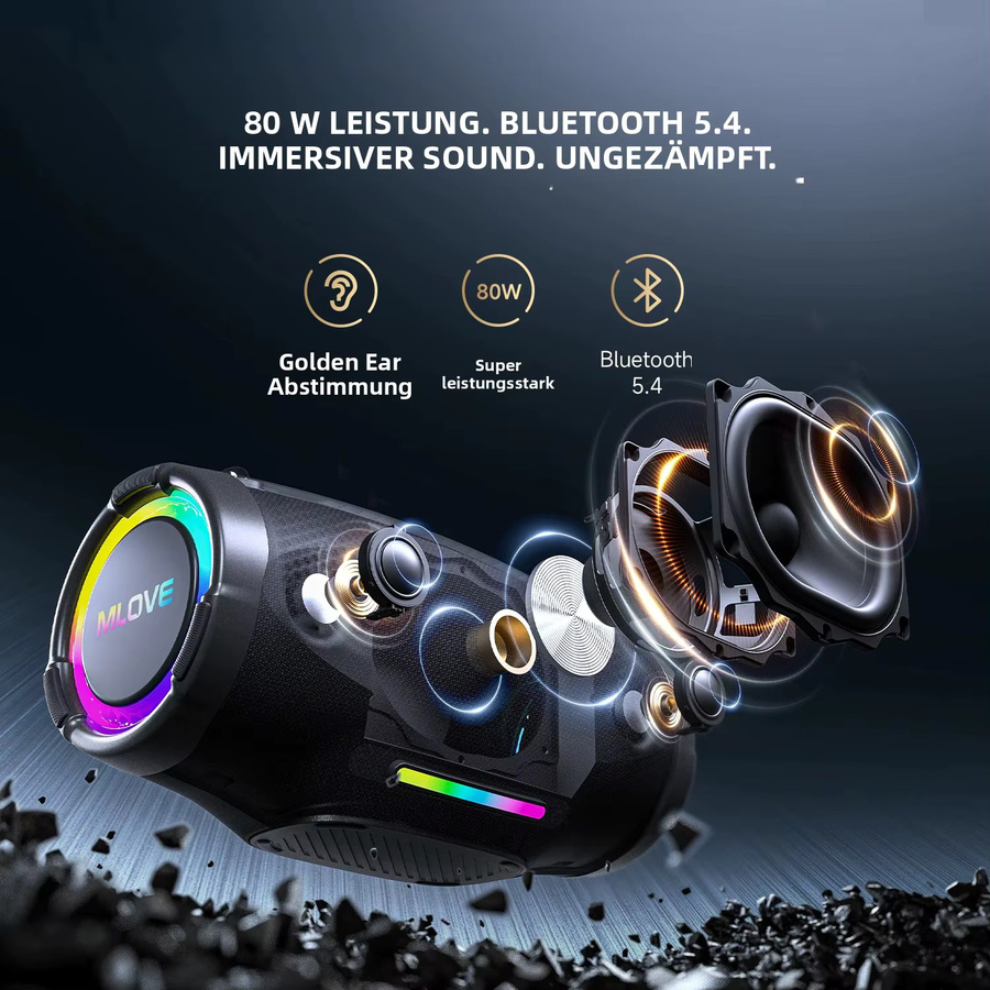 Mlove E90 Bluetooth Outdoor-Lautsprecher in Schwarz, 80 W mit tiefem Bass, IPX7 wasserdicht und staubdicht - Bild 3