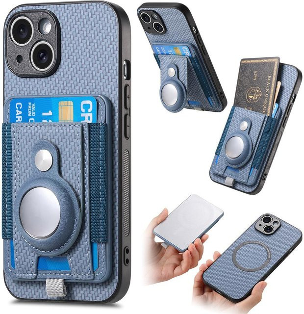 MagSafe Handyhülle für Apple iPhone mit Kartenhalter, Brieftasche und AirTag Schutz in Blau - Bild 1