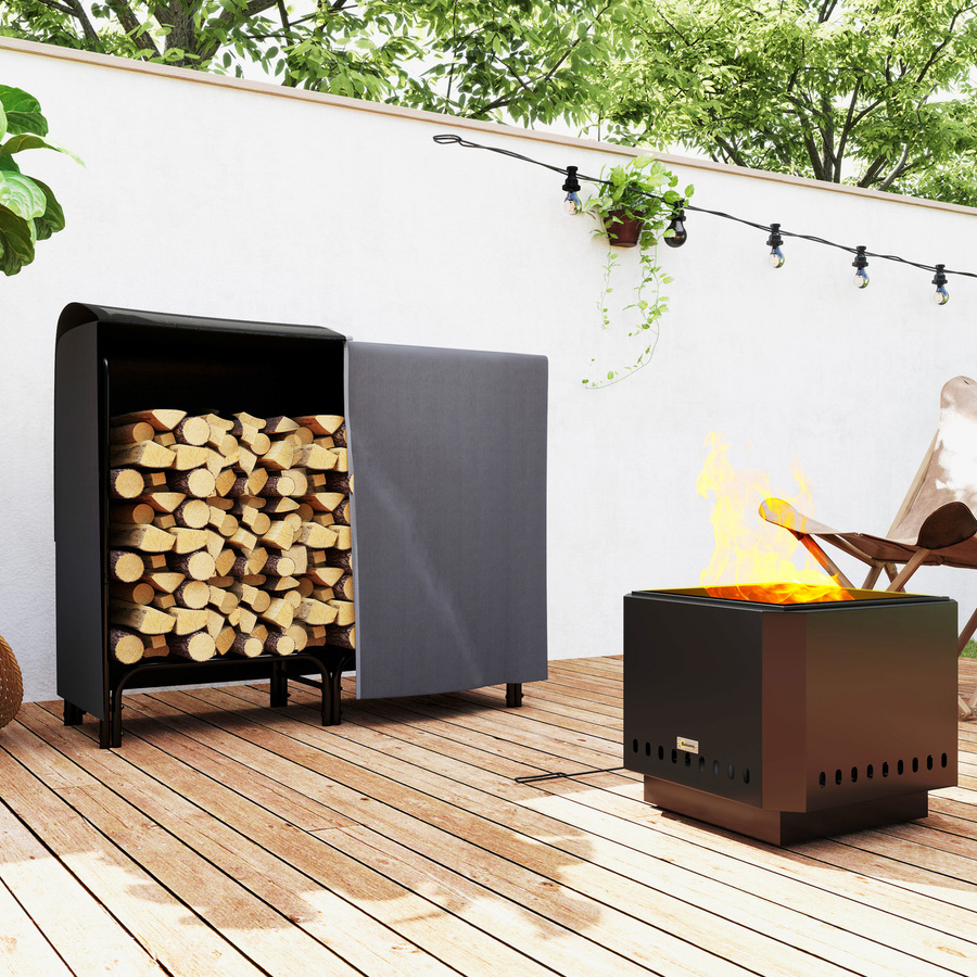 Outsunny Kaminholzregal aus Metall in Schwarz mit wasserabweisender Segeltuch-Abdeckung, B/T/H: 120 x 36 x 99 cm - Bild 2