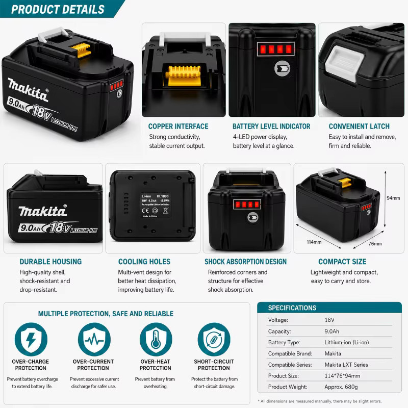 Makita LXT Lithium-Ionen-Akku BL1890 18V 9,0Ah in Schwarz kompatibel mit BL1860 und BL1850 - Bild 6
