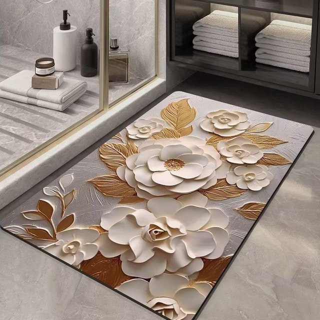Saugfähige Kieselgurmatte mit Blumenmuster von Yiran Furniture, rutschfeste Fußmatte in Weiß, B/T: 60 x 40 cm - Bild 1