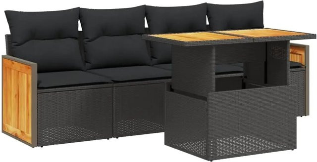 vidaXL 5-teilige Garten-Sofagarnitur aus Poly-Rattan und Akazienholz in Schwarz mit Kissen - Bild 1