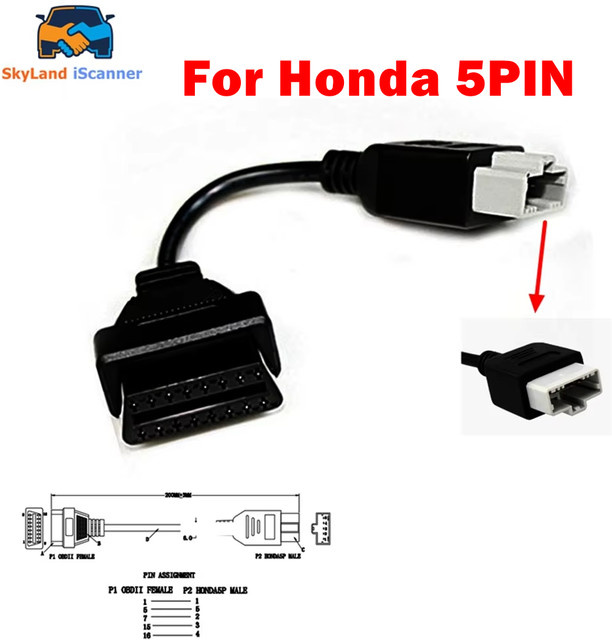 OBD Adapter für Honda 5-Pin OBD1 auf OBD2 16-Pin Weiblich Diagnose-Stecker Verlängerungskabel in Schwarz - Bild 1