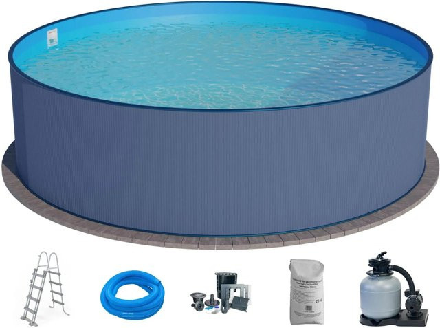 Waterman Stahlwandpool Set 7-teilig Hoch Rund in Anthrazit mit blauer Folie, Durchmesser: 350 cm, Höhe: 120 cm - Bild 1