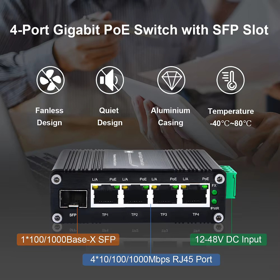 Fanakm Industrieller 4-Port Gigabit Solar PoE Switch in Schwarz mit SFP Uplink und IEEE 802.3af/at@120W Unterstützung - Bild 2