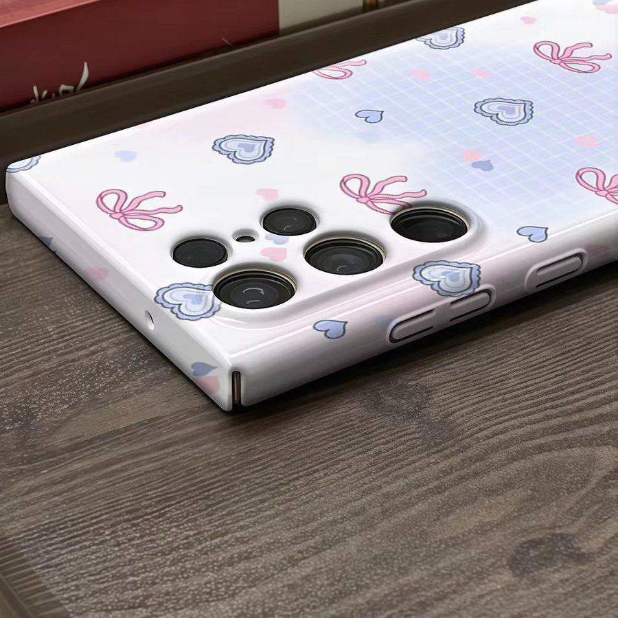 Glänzende doppelschichtige Rückabdeckung mit rosa-blauen Herzschleifen für Samsung Galaxy S25 Ultra, S24 und S23 Ultra Plus - Bild 3