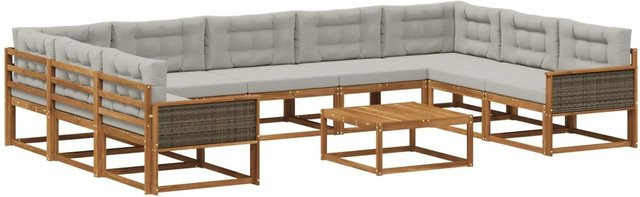 vidaXL Outdoor-Sofagarnitur aus Akazienholz mit 10 Kissen in Braun und Hellgrau - Bild 1