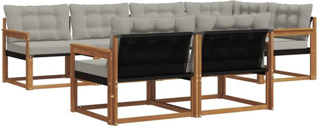 vidaXL Outdoor-Sofagarnitur 7-teilig aus Akazienholz mit Textilene und Kissen in Natur und Hellgrau - Bild 1
