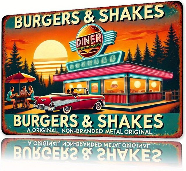 HELLOYOUNG Vintage Diner Metallblechschild Retro Burger & Shakes Wandkunst Mehrfarbig B: 30,0 cm, H: 20,0 cm, T: 1,0 cm - Bild 1