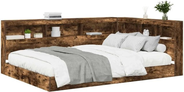 vidaXL Bettgestell mit integriertem Bücherregal-Kopfteil in Räuchereiche, B/T/H: 140 x 200 x 157,5 cm - Bild 1