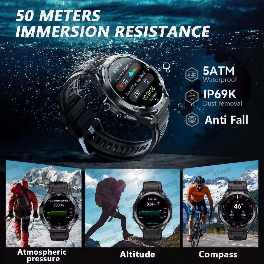 GUHUAVMI GPS Smartwatch für Android mit AMOLED HD Display, Bluetooth Anruffunktion, Kompass und 150 Sportmodi, IP69 wasserdicht, Farbe: Schwarz/Silber - Bild 1