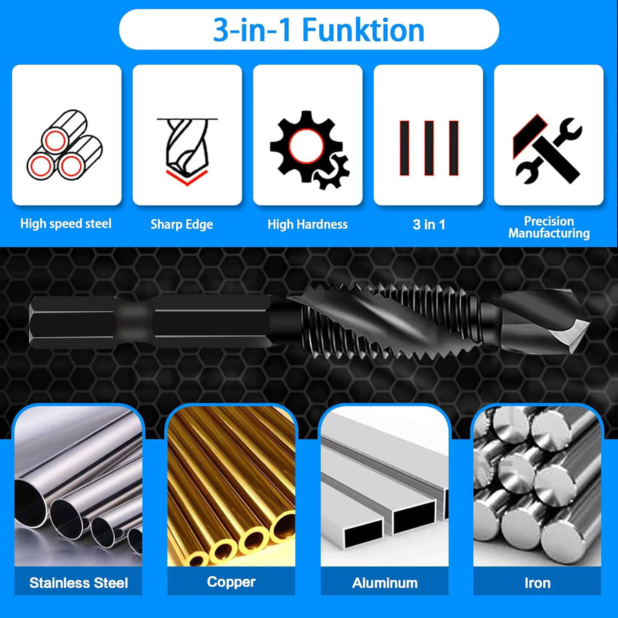 6-teiliges metrisches Bohrer- und Gewindebohrer-Set M3-M10 mit 1/4 Zoll Sechskantschaft für Metall und Heimwerker-Anwendungen - Bild 5