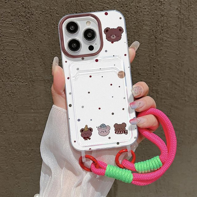 TUNEDEE Handyhülle mit Cartoon Bär Lanyard und Kartenhalter für iPhone, Weiß - Bild 1