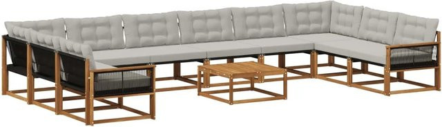 vidaXL Outdoor-Sofagarnitur in U-Form aus massivem Akazienholz mit 11 Textilene-Kissen in Natur und Hellgrau - Bild 1