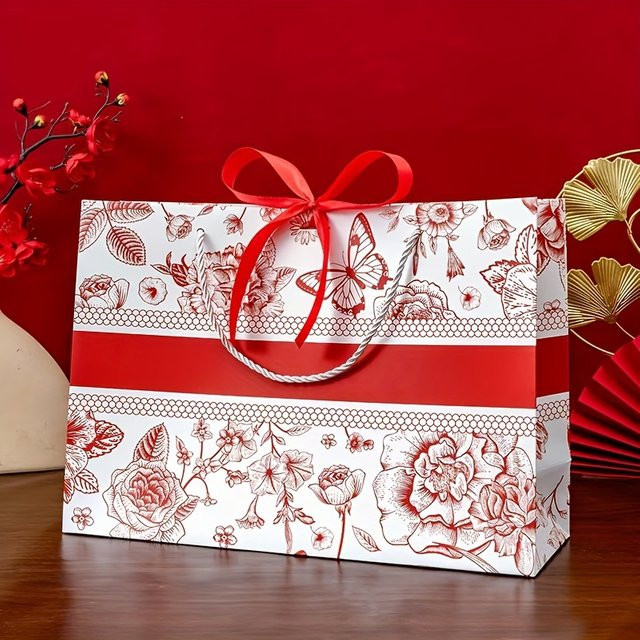 Rote Vintage-Blumen-Geschenktüte aus Papier mit Satinbandschleife für Hochzeiten und Brautgeschenke - Bild 1