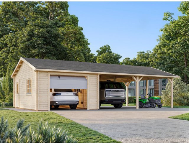 Palmako Garage Roger mit Sektionaltor aus Fichte, Dunkelgrau-Weiß, B: 953 cm, T: 550 cm - Bild 1