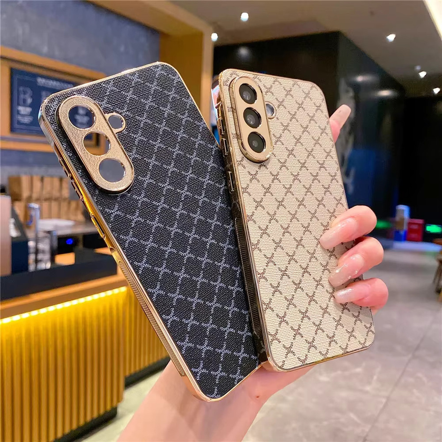 Goldplattierte Lederhülle mit Gittermuster für Samsung Galaxy A57 A37 A17 A07 A56 A36 A26 A16 A55 A35 A15 in Beige mit Anti-Sturz-Schutz - Bild 1