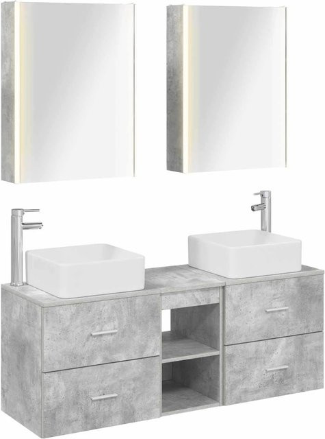 vidaXL Badezimmermöbel-Set 5-teilig in Betongrau mit Waschtischunterschrank und Spiegelschrank aus Holz und Glas mit LED-Beleuchtung - Bild 1