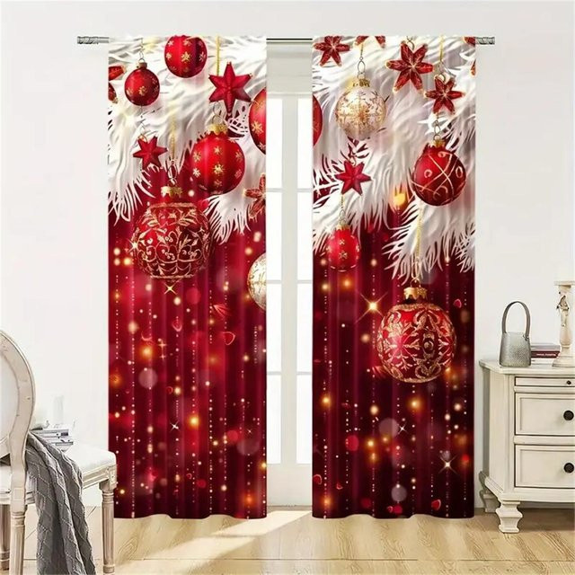 2er Set Weihnachtsvorhänge von Yiran Furniture mit goldenen kleinen Glocken in Rot und Gold, halbtransparentes Polyester mit Ösen, B: 50 cm, H: 130 cm - Bild 1