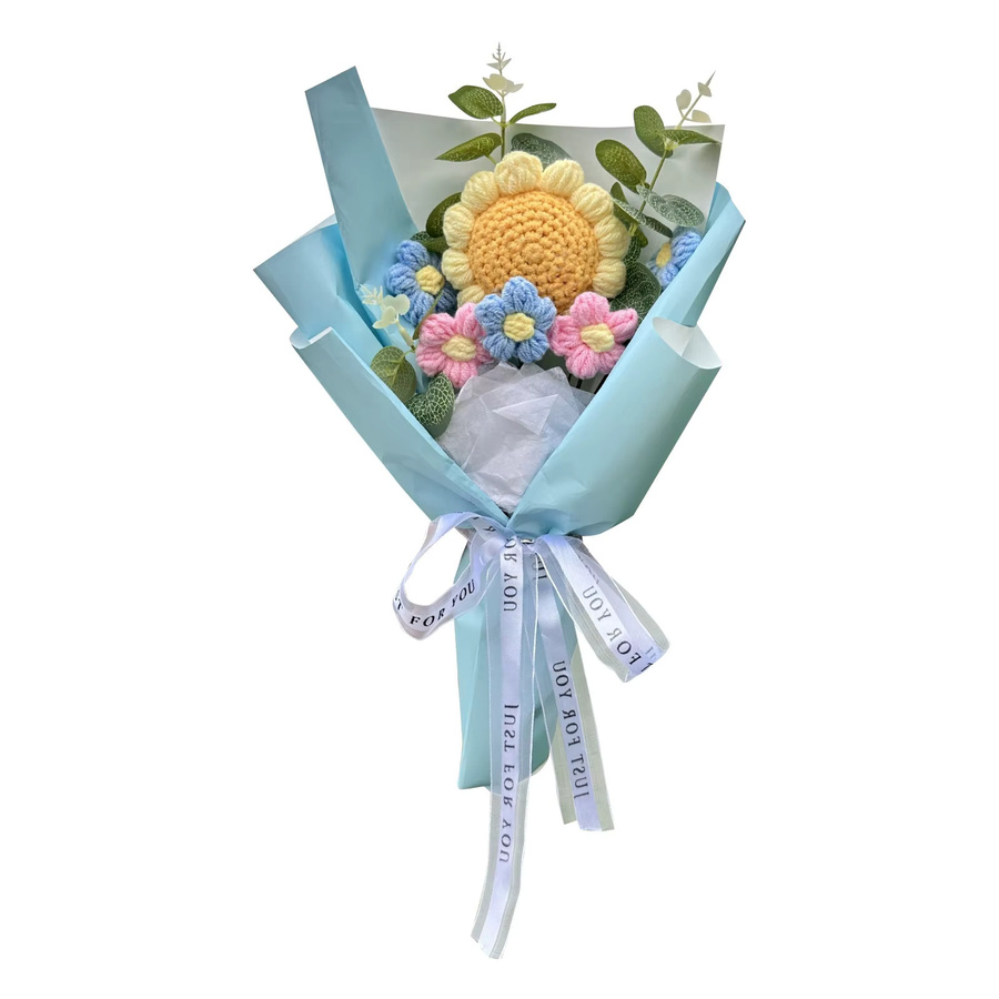 Handgefertigter Häkel-Blumenstrauß aus Textil von Efun mit Sonnenblumen und Gänseblümchen in Gelb, Blau und Multicolour - Bild 2