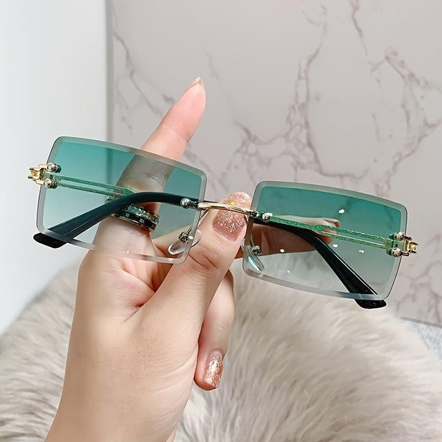 Yiran Health & Beauty Sonnenbrille, randlos, rechteckig, Metall, Unisex, grau, grün - Bild 1