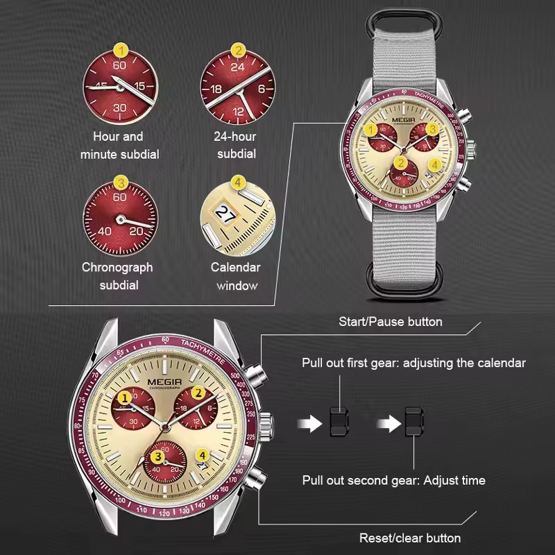 MEGIR Chronograph, Quarz, Textil/NATO, Silber, Herren - Bild 3