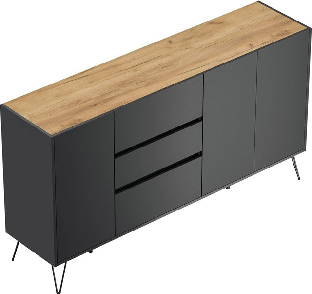Posseik Sideboard Industrial mit 3 Schubladen und 3 Türen in Grafit und Eiche, Breite: 177 cm, Höhe: 42 cm, Tiefe: 93,6 cm - Bild 1