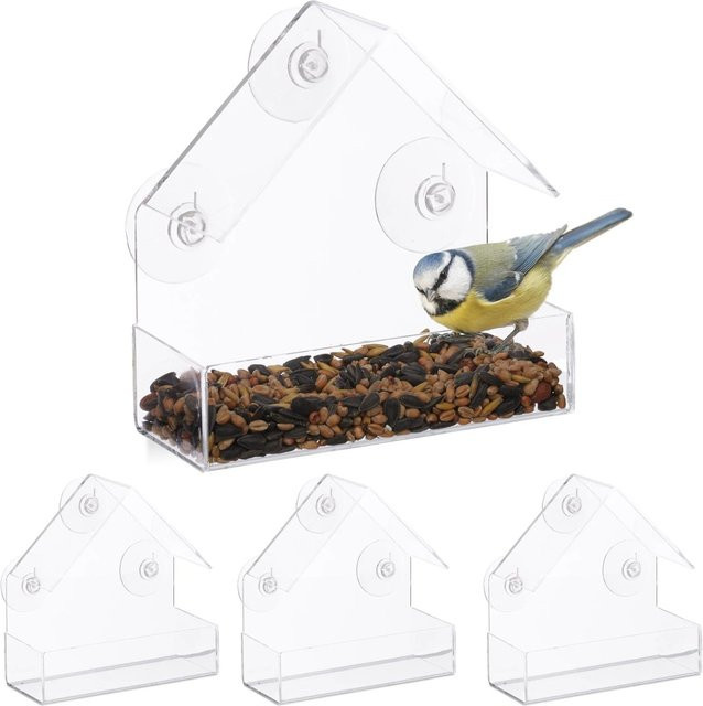 Relaxdays 4er Set Fenstervogelfutterhäuser aus transparentem Kunststoff mit Saugnäpfen, B/T/H: 15 x 15 x 7 cm - Bild 1