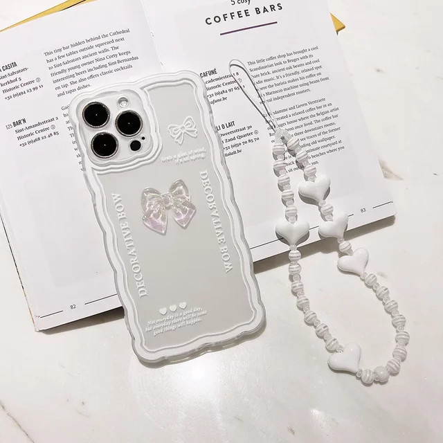 MUQGEW Transparente Koreanische 3D-Kristall-Bowknot-Telefonhülle mit Kettenarmband für iPhone 16 15 14 13 Pro Max, stoßfeste Schutzhülle - Bild 1