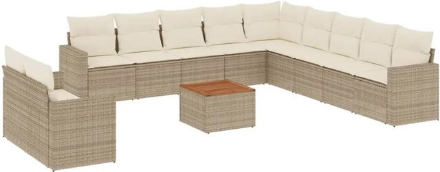 vidaXL 12-teilige Garten-Sofagarnitur in L-Form aus Poly-Rattan und Akazienholz in Beige mit UV-beständigen Kissen - Bild 1