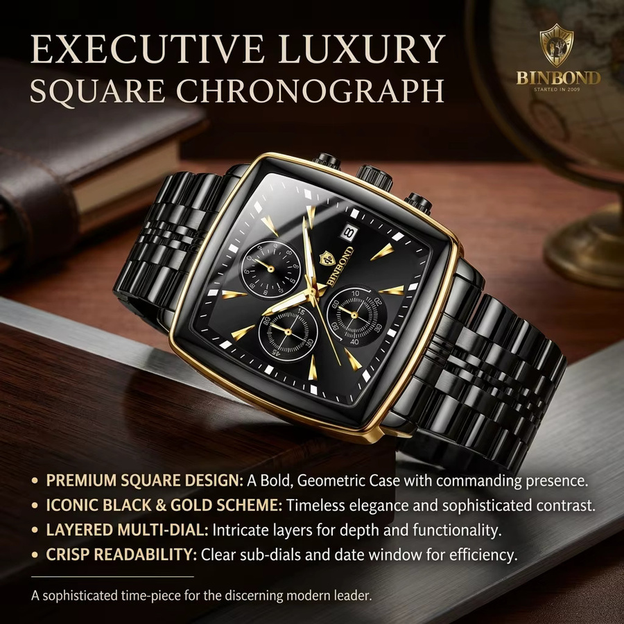 BINBOND Chronograph Herren, Quarz, Edelstahl, Schwarz, Eckig, Datum - Bild 3