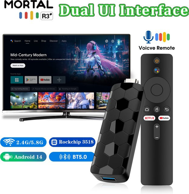 MORTAL R3+ Smart TV Stick 4K Ultra HD Android 14.0 mit Quad Core Prozessor, Dual-Band WLAN 2.4G/5G und Bluetooth 5.4, Schwarz - Bild 1