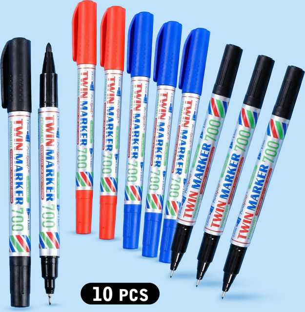 10 Stück Permanentmarker von purespirit mit Doppelspitze 0,9/2,0mm, wasserfeste Zeichenmarker in Schwarz und Multicolour für Büro, Schule und Industrie - Bild 1