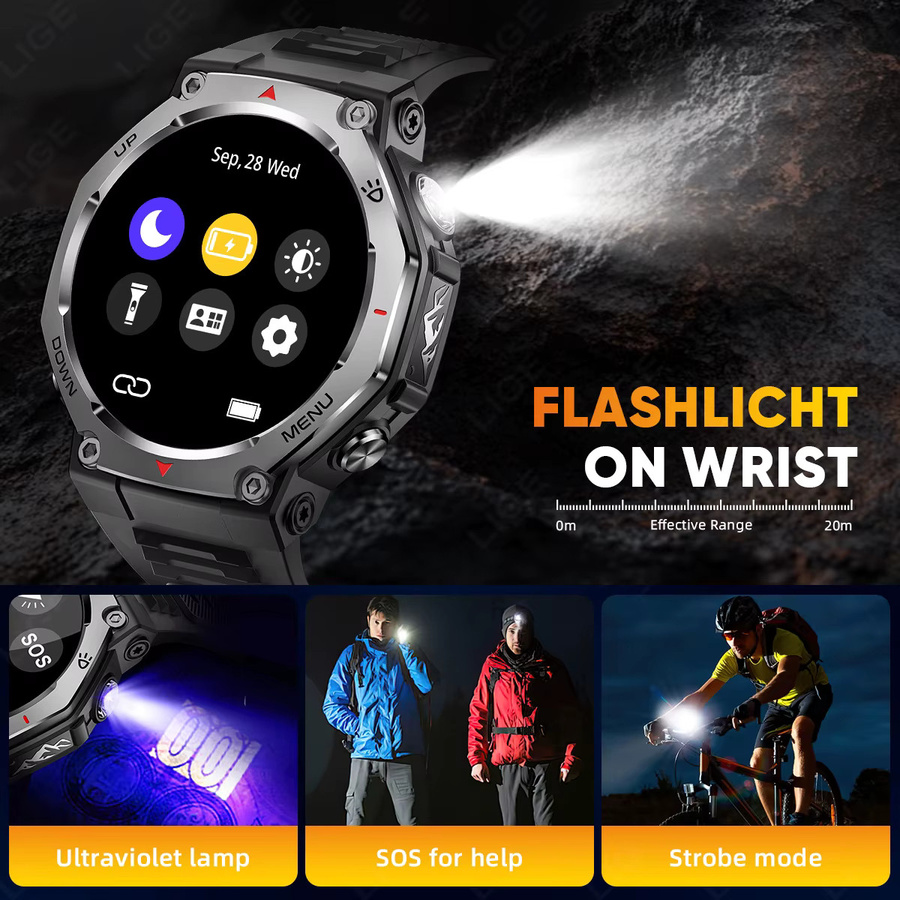 LIGE T-Rex 3 GPS Smartwatch für Männer in Schwarz mit Bluetooth Anruffunktion, 5ATM Wasserdichtigkeit und Taschenlampe - Bild 3