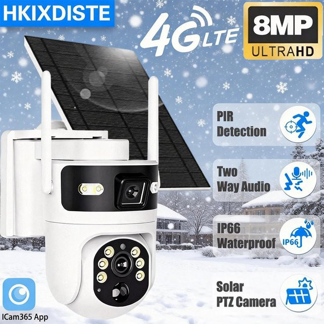 HKIXDISTE Solar PTZ Überwachungskamera für den Außenbereich mit 8 MP 4K Auflösung, 4G Sim-Karte Anschluss, 360 Grad Rotation, eingebautem Akku und Spotlicht in Weiß - Bild 1