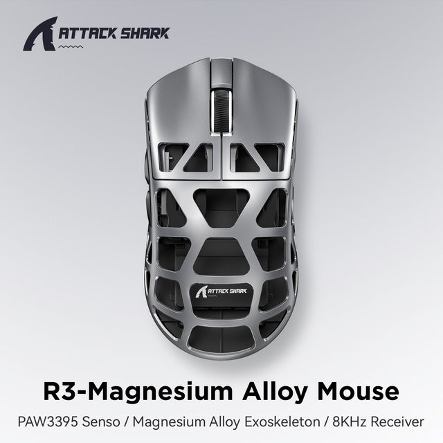 ATTACK SHARK R3 Gaming Maus aus Magnesiumlegierung in Schwarz mit PixArt PAW3395 Sensor, 26000 DPI, 8 kHz Polling Rate, 2,4 GHz, Bluetooth und kabelgebunden, 46 g superleicht für PC und Mac - Bild 1