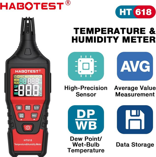 HABOTEST HT618 Digitales Psychrometer Thermometer Hygrometer mit Hintergrundbeleuchtung in Schwarz zur Messung von Temperatur, Feuchtigkeit und Taupunkt - Bild 1