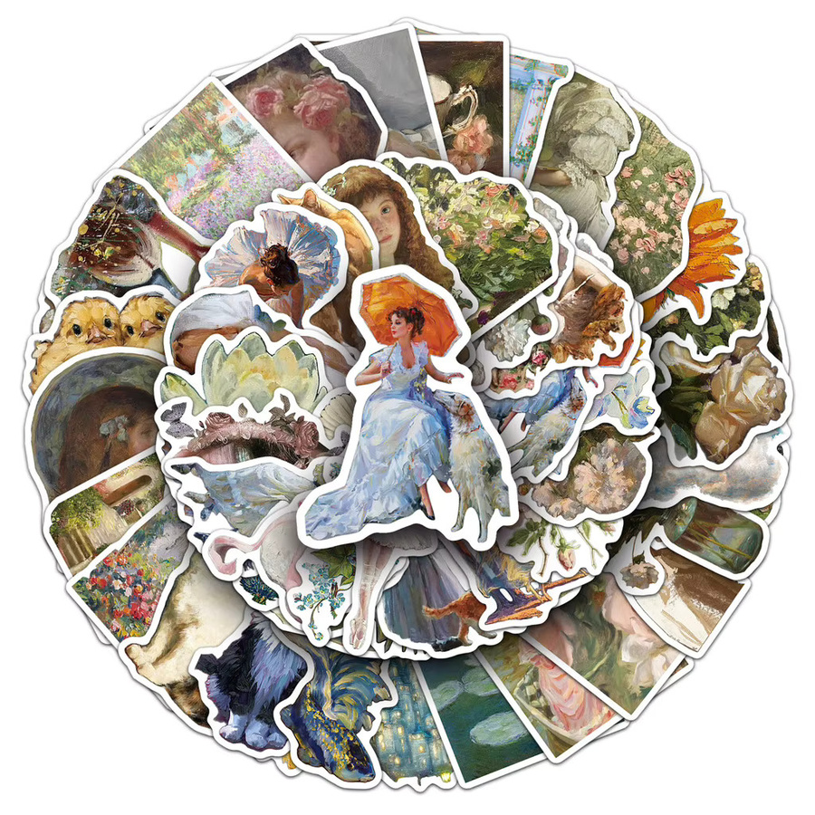 50 Stück Vintage-Ölgemälde-Aufkleber im Cartoon-Western-Stil von AnimeWorlds Store, Mehrfarbig - Bild 2