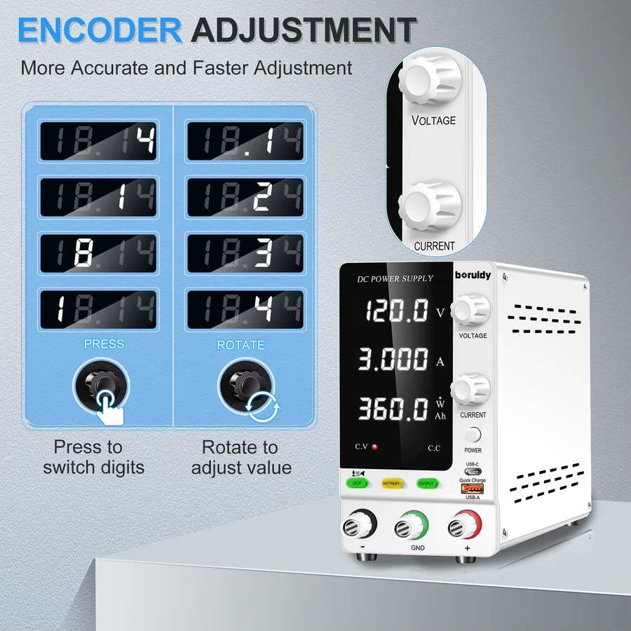 Boruidy Stabilisierte Labor-Stromversorgung zum Laden von LiFePO4, Nickel-Metall, Lithium-Ionen und Hydrid-Batterien, 120V 3A 360W, Einstellbar für 12V 24V 30V 48V - Bild 7