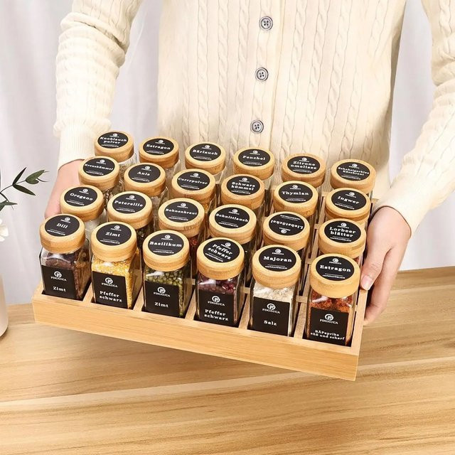 SAEIV Gewürzglas-Set mit Bambusregal, 12 Stück transparente Gewürzdosen aus Hochborosilikatglas mit Bambusdeckeln, inklusive Etiketten und Marker zur Küchenorganisation - Bild 1