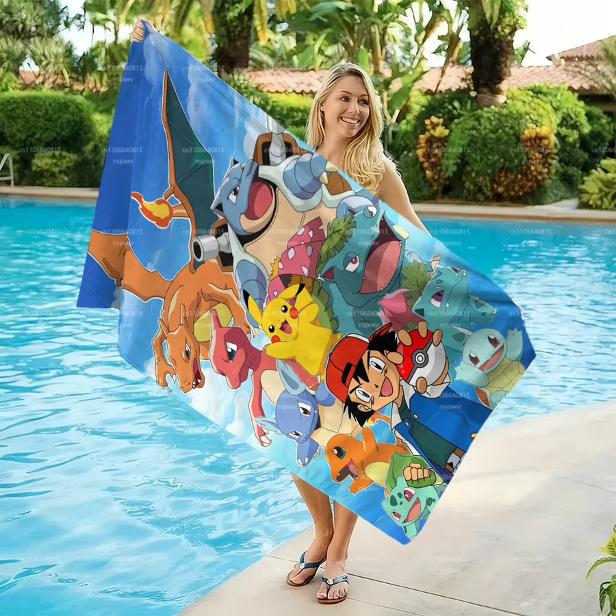 Pokemon Ash & Starter Team Strandtuch mit Charizard, Pikachu und Squirtle, Mikrofaser-Handtuch in Multicolour, schnell trocknend und sandfrei - Bild 2