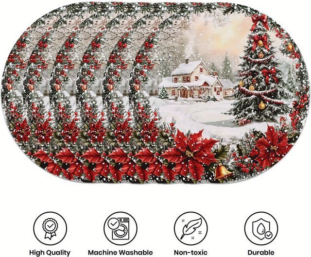 VIKAMA 6-teiliges Set runde Tischsets mit weihnachtlicher Schneeszene in Mehrfarbig - Bild 1