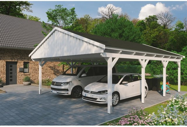 Skan Holz Carport Fichtelberg aus Fichte Leimholz in Weiß mit spitzer Dachform, Breite: 618 cm, Tiefe: 808 cm, Höhe: 362 cm - Bild 1