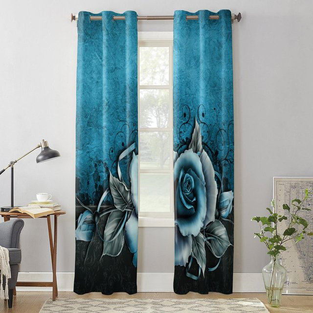 Super Six Fenstervorhang mit Blumenmuster in Blau, semi-transparentes Vintage-Design für Wohnzimmer oder Kinderzimmer, B: 135 cm, H: 60 cm - Bild 1