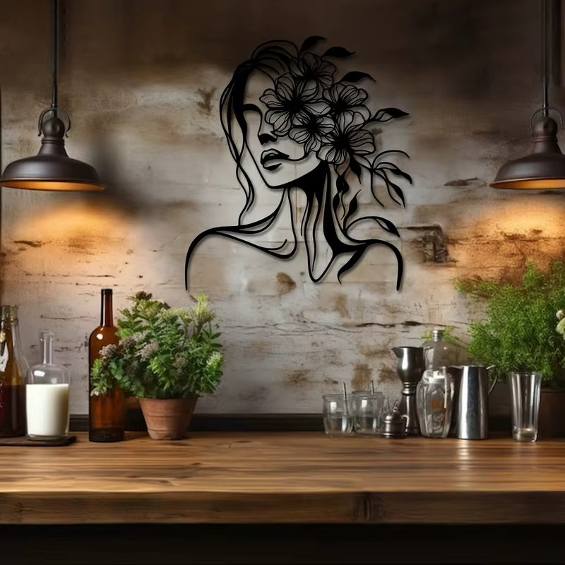 CIFBUY Handgefertigte Metall-Wandkunst mit botanischem Blumenmuster und geometrischen Elementen in Schwarz-Weiß als moderne horizontale Wandskulptur für Innen- und Außenbereiche - Bild 4