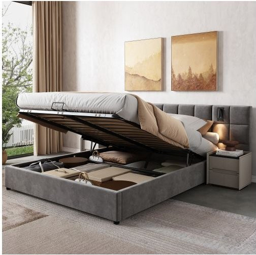 Gepolstertes Bett MUVOE in Grau mit Stauraum, Leselampe und USB-Anschluss, B/T: 160 x 200 cm - Bild 1
