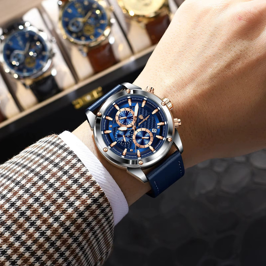 POEDAGAR Chronograph Armbanduhr, Quarz, Leder, Blau, Herren - Bild 5