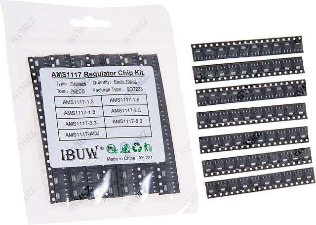 70-teiliges AMS1117 Spannungsregler-Chip-Kit in Schwarz für Arduino DIY Elektronik-Projekte mit 2,5V, 3,3V, 5,0V, ADJ, 1,2V, 1,5V und 1,8V im SOT223 Gehäuse - Bild 1