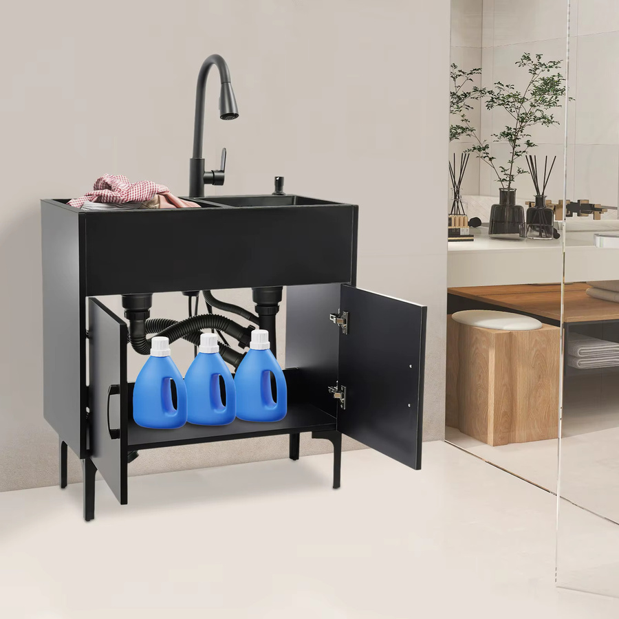 Bymaocar Küchenspüle in Schwarz mit ausziehbarem Wasserhahn und Doppelrille, B/T: 75 x 41 cm - Bild 4