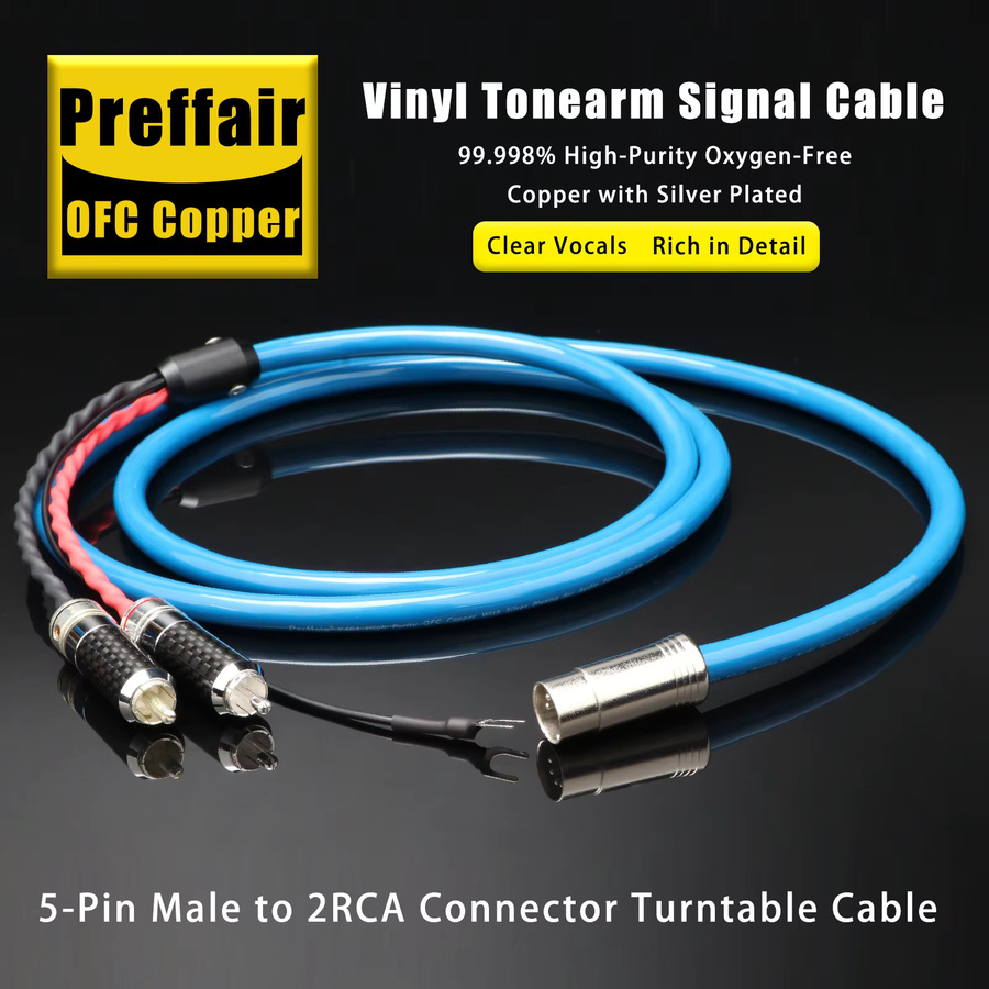 Preffair HiFi Phono-Tonarmkabel mit 5-Pin DIN XLR zu 2RCA Anschlüssen, versilbertes OFC-Material, Erdungsdraht und Kohlefaser-Abschirmstecker in Silber und Blau - Bild 2